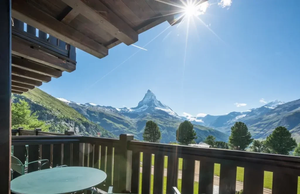 Sunny view of Matterhorn from Zermatt balcony