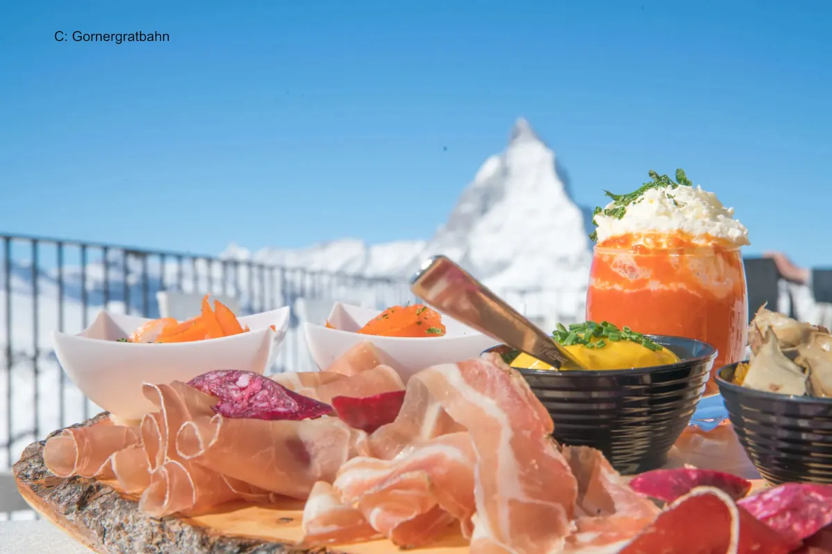 Zermatt cuisine looking out over ski area